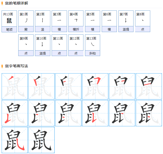 鼠字的笔顺笔画顺序？
