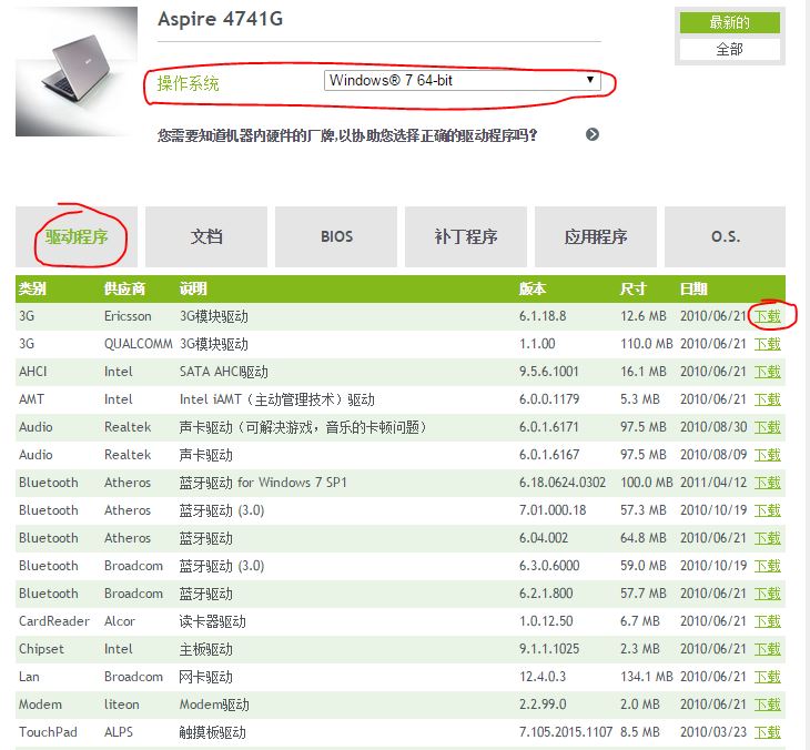 宏碁4741G笔记本应该在官网上下载哪些驱动啊